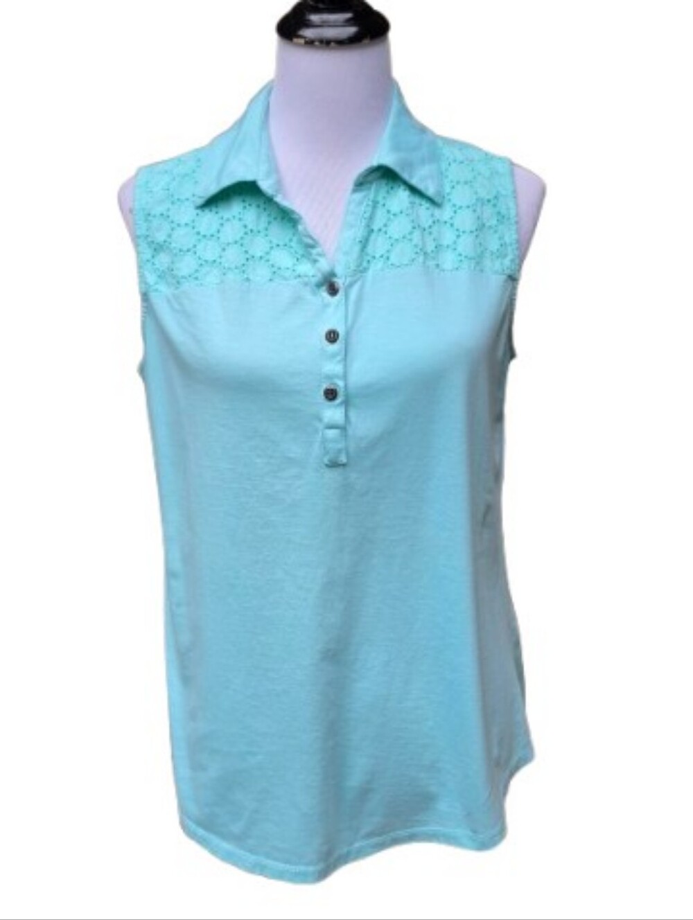 Cathy Mint Green Mixed Media Blouse 100% Cotton Eyelet Lace Collared Neckline